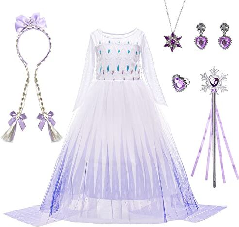 Amycute Vestito Elsa Frozen Bambina, Costume Carnevale Elsa Set con Vestiti Principessa Orecchini Collana Parrucca Bacchetta Magica Cosplay Costume per Carnevale Halloween (150)