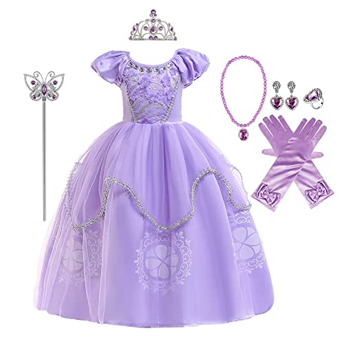 MYRISAM Costume da Principessa Sofia per Ragazza Carnevale Costumi Rapunzel Halloween Cosplay Natale Festa Cerimonia Compleanno Partito Nozze Battesimo Abiti con Accessori 7-8 anni