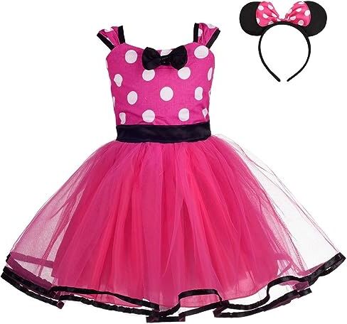 Lito Angels Vestito Costume Minnie per Bambina con Cerchietto, Taglia 2-3 Anni, Rosa Caldo Pois (Etichetta in Tessuto 110)