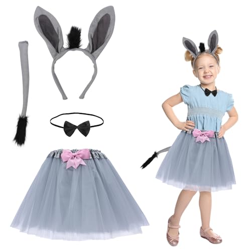 Fennoral 4pz Set Costume Asino Bambina Costumi Animali Bambini Costume per Travestimento da Asino-Fascia Papillon Coda Tutù Tulle-per Carnevale Travestimento Imitazione Cosplay Festa Regalo