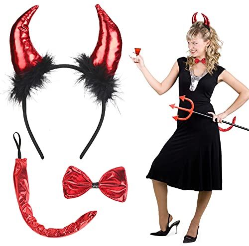 LOOPES Set Costume da Diavolo,3 Pezzi Corna Diavolo Fascia Papillon Coda Orecchie Diavolo Fascia Diavolo Copricapo Halloween Festa a Tema Carnevale Decorazione Donna Costume Diavolo Rosso