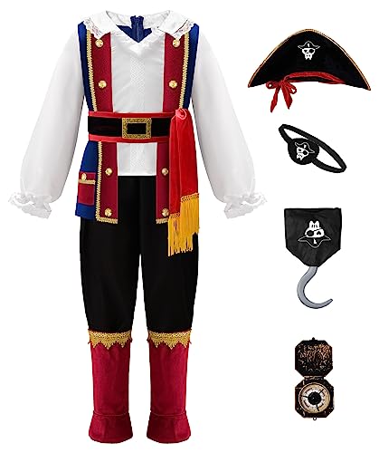ReliBeauty Costume Pirata Bambino Bambina Vestito Carnevale Capitano Pirata Lusso con Accessori Halloween 3-4 anni(100 cm)