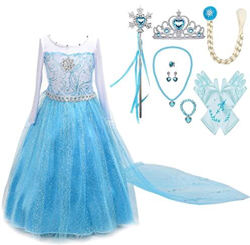 Lito Angels Vestito Principessa con Strascico Lungo Staccabile e Accessori per Bambina, Costume da Regina delle Nevi, Taglia 7-8 anni, F