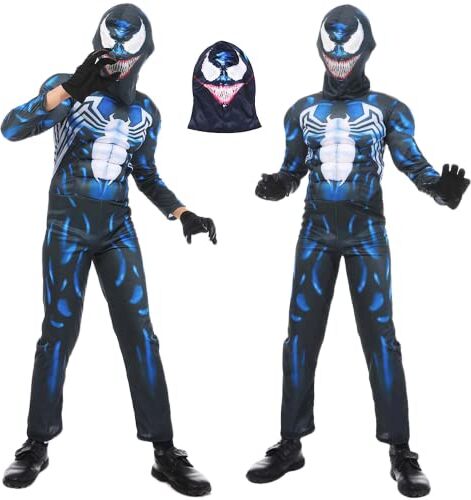 Poywuo Costume da Ragno Spider Superhero Unisex per Bambini Costume Supereroe Bambino Supereroi Abbigliamento Dress up Costume da Party Festa di Halloween per Ragazzo (122-128, Nero Blu)