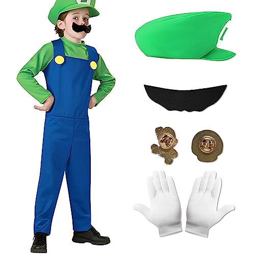 Marypaty Costume Mario Adulto Bambini, Costume Mario-bros con Cappello, per feste di Halloween, feste di Carnevale. (M, Bambini (Verde))