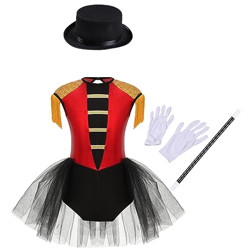 Freebily Costume Domatrice Circo Bambina 4 Pezzi Vestito Balletto Tutu con Cappello + Bacchetta Magica + Guanti Costume Carnevale e Halloween Abito Travestimento Fancy Dress Rosso C 15-16 anni