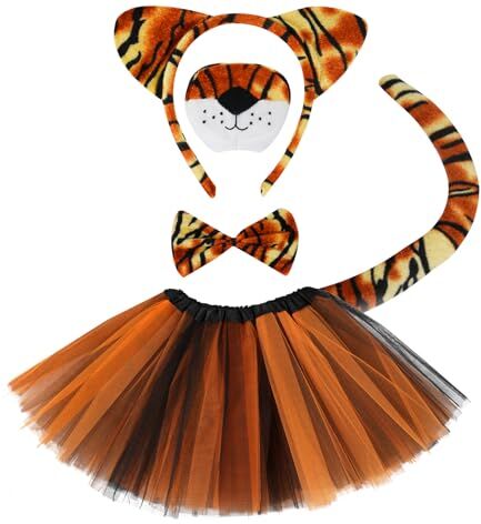 ACWOO Tigre Set di Costumi Animali, Kit di 5 Pezzi Costume Animale Tutu Gonna con Cerchietti Orecchie Tigre Naso Coda Papillon, per Halloween, Festa di Compleanno Costume, Carnevale Cosplay Party