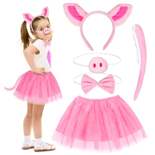 Fennoral 5pz Set Costume da Maiale Costumi Animali Bambini Costume Maiale Rosa -Fascia Orecchie Papillon Coda Naso Tutù in Tulle-per Carnevale Travestimento Imitazione Cosplay Animale Festa Regalo