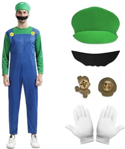 Marypaty Costume Mario Adulto Bambini, Costume Mario-bros con Cappello, per feste di Halloween, feste di Carnevale. (L, Adulti (Verde))