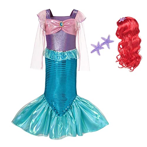 Lito Angels Costume da Sirenetta Principessa Ariel Vestito Sirena con Parrucca per Capelli per Ragazza Taglia 7-8 Anni, Viola Blu (Etichetta in Tessuto 130)