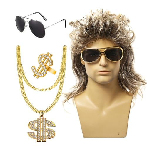 Generic Parrucca Mullet anni '70 e '80, parrucca afro da uomo,4 pezzi/set parrucche ricce da discoteca retrò anni '70 e '80   Parrucca da hippie da discoteca con collana di occhiali da sole, anello