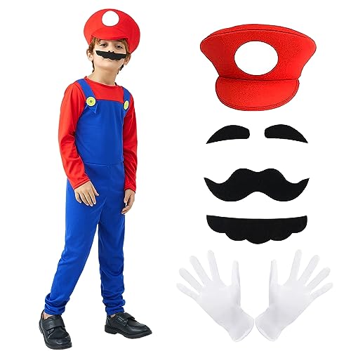 YYDSXK Bambino, Luigi Fancy Outfit, Costumi Cosplay Mario per Ragazzo,  Adulto con Cappello, Guanti, Barba per Bambino Compleanno Natale Halloween Carnevale Cosplay