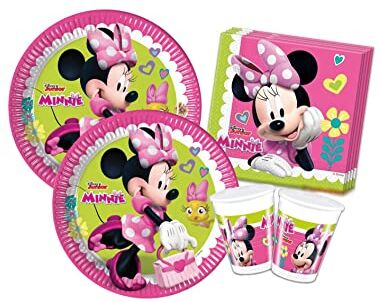 Isola Party Kit festa di compleanno Minnie per 24 persone eco-friendly (24 piatti di carta ⌀ 23 cm, 24 bicchieri di plastica 200 ml, 40 tovaglioli di carta 33x33 cm)