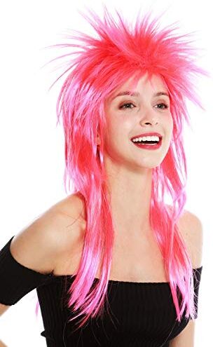 WIG ME UP -PC13TPC5 Parrucca Carnevale Punk Taglio Vokuhila Rocker Scompigliata Anni 80 Wave Cotonata Lunga Mix Rosso & Rosa