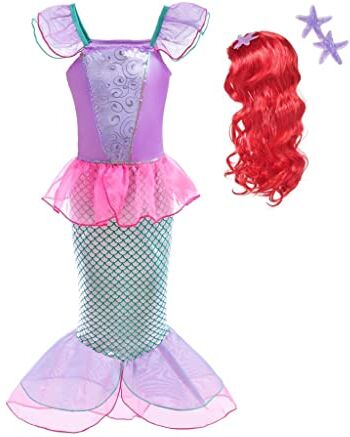 Lito Angels Costume da Principessa Sirena Ariel con Parrucca di Capelli per Bambina, Vestito da Festa di Compleanno, Taglia 3-4 Anni, Rosa Caldo