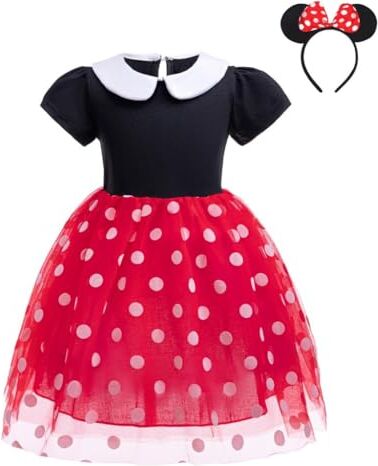 Lito Angels Vestito Costume Minnie Mouse Rosso a Pois con Cerchietto Orecchie di Topo per Bimba Taglia 18-24 Mesi (Etichetta in Tessuto 90)