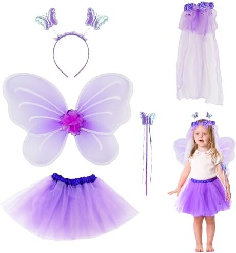 Lotvic Costume Farfalla Bambina, Costume Fata Ragazza, Costume da Fata, Bacchetta Fata, Gonna in Tulle Principessa, Cerchietto e Ali, Costume da Farfalla per Feste Tema Compleanno Cosplay