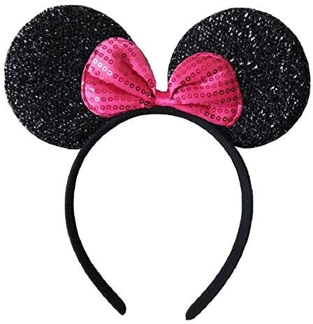 KIRALOVE Cerchietto orecchie topolina Minnie - Donna Carnevale Halloween Colore Nero Fiocco Fuxia Con paillettes