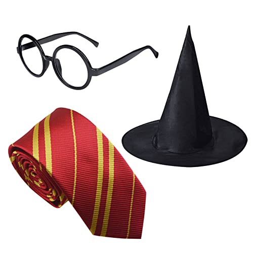 MIVAIUN 3 Pezzi Costume di Wizard, Set Cosplay da Mago, Mago Costume Cravatta,Occhiali Neri Rotondi Occhiali,Cappello Magico,Cosplay Halloween Costumes Trucco e Accessori per Il Personaggio (3 Pezzi)