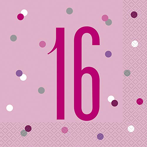 Unique - Tovaglioli di Carta-Numero 16-16,5 cm-Compleanno Glitz Rosa e Argento-Confezione da 17, Pink & Silver,