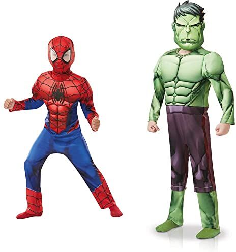 Rubie's -Costume Spiderman Deluxe bambino 640841-S Spider-Man 3-4 anni, Rosso, small & 640839S Marvel Avengers Hulk Deluxe Costume da bambino, 3-4 anni