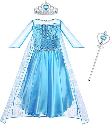 Vicloon Elsa Costume Ragazze Principessa, Principessa Belle Costume, Vestito da Festa di Compleanno, Elsa Vestito Set da Principessa Corona e Bacchetta, Cosplay Party Halloween