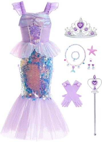 LiUiMiY Costume da Sirena Bambina Vestito Ragazze Paillettes Principessa Sirenetta Ariel e Accessori per Halloween Carnevale Feste Compleanno, 3-4 Anni (Etichetta 110)