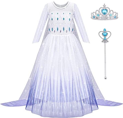 AOOWU Costume Elsa, Vestito da Principessa Elsa con Corona e Bacchetta, Gonna Elsa di Tulle Elsa Vestito Set da Principessa per Feste, Compleanno, Travestimenti, Regalo per Ragazza, 2-9 Anni(140CM)