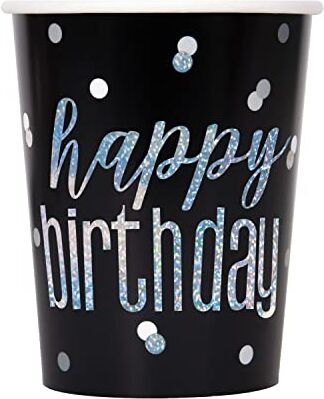 Unique - Bicchieri di Carta-266 ml-Compleanno Glitz Lamina Nero e Argento-Confezione da 8, Black, Happy Birthday,