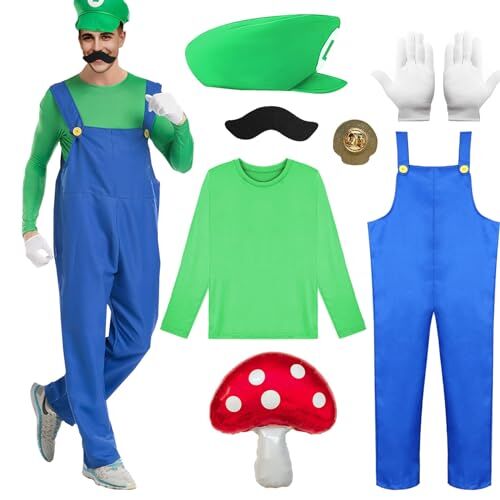 Marypaty Costume Mario Adulto Bambini, Costume Mario-bros con Cappello, per feste di Halloween, feste di Carnevale (M, Adulti (Verde))
