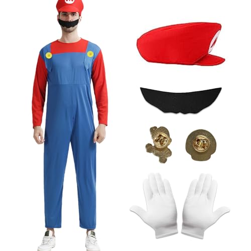 Marypaty Costume Mario Adulto Bambini, Costume Mario-bros con Cappello, per feste di Halloween, feste di Carnevale. (M, Adulti (Rosso))