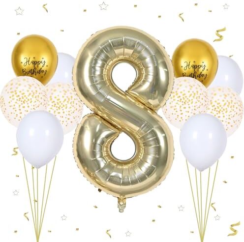 VUCDXOP Palloncino Compleanno 8 Anni Champagne Gold,  11pcs Palloncini di compleanno Set di Foil Palloncino Numero 8, Numeri Gonfiabili Palloncini 8,Compleanno Gonfiabili Pallone per Anniversario