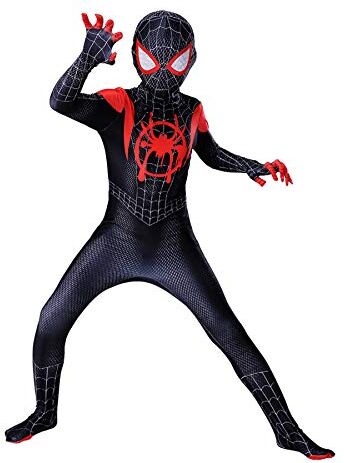 MYYLY Stampa 3D Tuta Cosplay Supereroe Miles Morales Costumi Carnevale di Halloween Avengers Tuta Vestito Operato per Feste Film Costume Puntelli,Black-Kids(120~130cm)