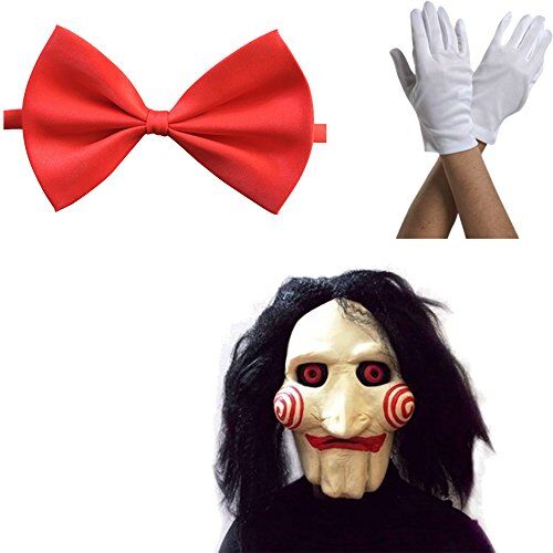 thematys Maschera SAW JIGSAW con Guanti e Papillon Rosso Costume Carnevale e Halloween Alta Qualità in Lattice, Traspirante, Adatto a Tutti   Completo Horror Realistico per Eventi e Feste a Tema