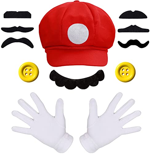 iZoeL Mario Luigi Cappello, 1 Cappello 7 Baffi Finti 1 Guanti 2 Bottoni Decorazione, per Costume Carnevale Cosplay Costume Halloween Uomo Donna Bambino