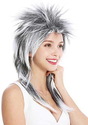 WIG ME UP -P103TP60 Parrucca Carnevale Punk Taglio Vokuhila Rocker Scompigliata Anni 80 Wave Cotonata Lunga Nero Bianco