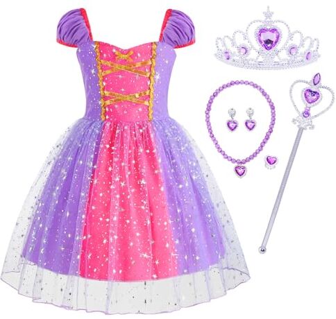 Cnexmin Bambina Costume Principessa Rapunzel Vestito da Principessa Rapunzel Costume con Accessori Compleanno Natale Halloween Partito Carnevale Cosplay Vestito da Sera per Viola 6-7 Anni/130