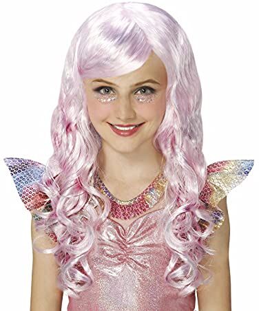 SOOXU Parrucca da principessa per bambini, per Halloween, scuola, gioco di ruolo, Natale, regina sirena, parrucca riccia mossa rosa con frangia, per bambini, ragazza, fiaba, cosplay anime