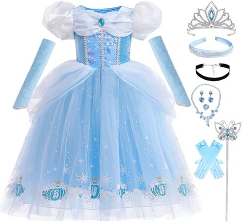 Snyemio Vestito Cenerentola Bambina Costume Principessa Blu Bimba Carnevale Cosplay Halloween Natale Compleanno, Blu con Collana, 3-4 Anni(Etichetta 100)