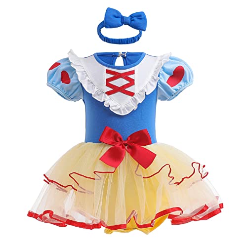 MYRISAM Vestito da Principessa Biancaneve Pagliaccetto per Bimba Bambina Costume di Carnevale Halloween Cosplay Compleanno Body Festa Natale Abiti con Archetto 6-9 mesi