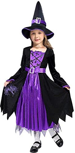 KEEPAA Costume da strega di Halloween per bambini: con set di costumi da strega per decorazioni cosplay, feste di carnevale costume da strega per bambine (XL 136-145cm)