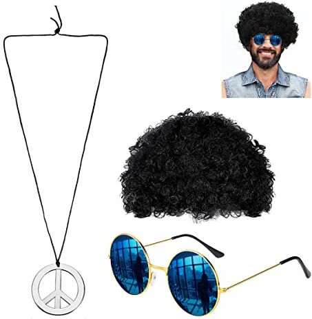 Rairsky Costumi Hippie Accessoires ,Costume Discoteca da Uomo Accessori Parrucca Afro Occhiali da Sole e Collana Peace Sign, Sst di Costumi da Festa A Tema Anni '70 '80 '90 Vintage Per Adulti e Bambini