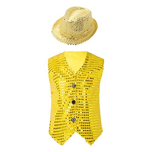 Freebily Gilet Pagliaccio Paillettes Bambino Bimbo per Danza Jazz Costume Gilet Carnevale Spettacoli Saggi con Cappello Smanicato Waistcoat per Natale Compleanno Halloween Giallo A 15-16 anni