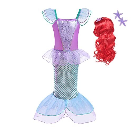 Lito Angels Costume da Principessa Sirena Ariel con Parrucca di Capelli per Bambina, Vestito da Festa di Compleanno, Taglia 5-6 Anni, Viola