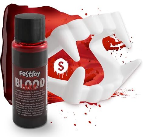 Festicy Sangue finto 25 ml e denti da vampiro I trucchi, bottiglia, liquido rosso I fake blood make up Zombie Carnevale Halloween Party