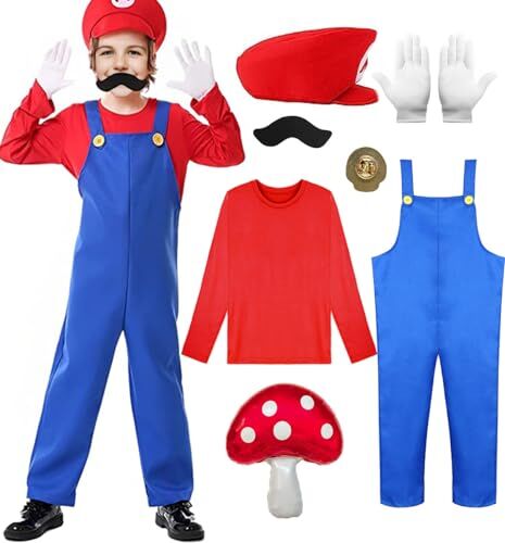 Marypaty Costume Mario Adulto Bambini, Costume Mario-bros con Cappello, per feste di Halloween, feste di Carnevale (M, Bambini (Rosso))