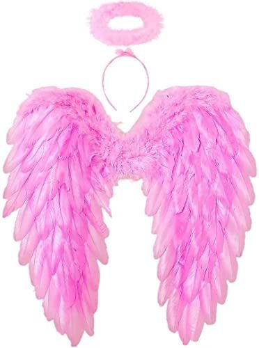 Winwild Ali d'Angelo con Aureola, Costume Ali d'Angelo e Diavolo per Donne e Ragazze Bambini per Halloween Carnevale Cosplay Festa in Maschera Travestimento (Rosa, 45 x 45 cm)