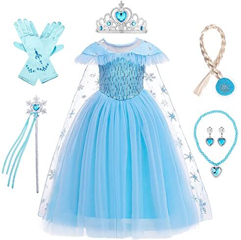 LOBTY Bambina Vestito da Principessa Elsa con Accessor Costume da Regina delle Nevi Abito da Halloween Carnevale Cosplay Compleanno Natale Festa Vestito Fantasia