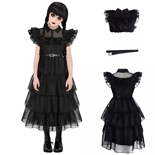 SHIKI Costume da famiglia mercoledì classico gotico nero abito da ballo corvo cosplay per donne ragazze gonna in pizzo tulle per festa di Halloween vestito per bambini 120