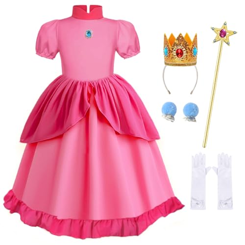 Tyidalin Peach Principessa Costume Bambina Super Vestito Rosa Mario Abito Ragazza con Accessori per Halloween Carnevale